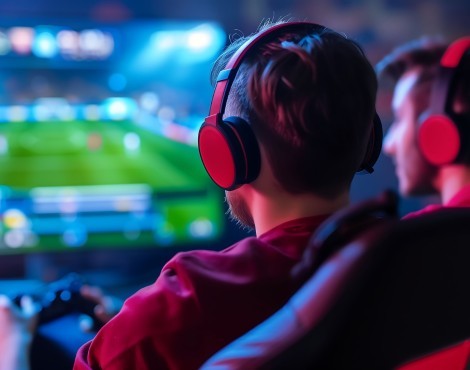 Begeisterte Gamer, die in einem intensiven Videospielturnier gegeneinander antreten und auf großen Bildschirmen in die Action eintauchen